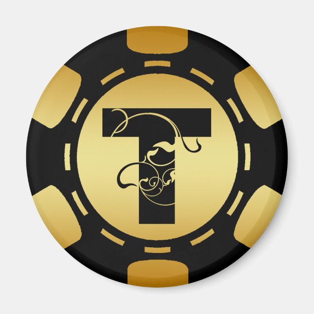 AIMANT LETTRE MONOGRAMME NOIR ET OR T POKER CHIP (Devant)