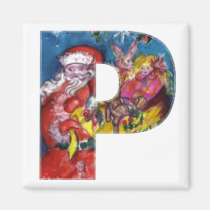 AIMANT LETTRE P DE NOËL / PÈRE NOËL AVEC CADEAUX MONOGRAM