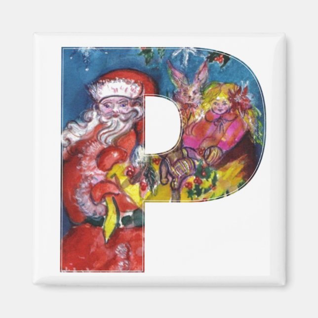 AIMANT LETTRE P DE NOËL / PÈRE NOËL AVEC CADEAUX MONOGRAM (Devant)