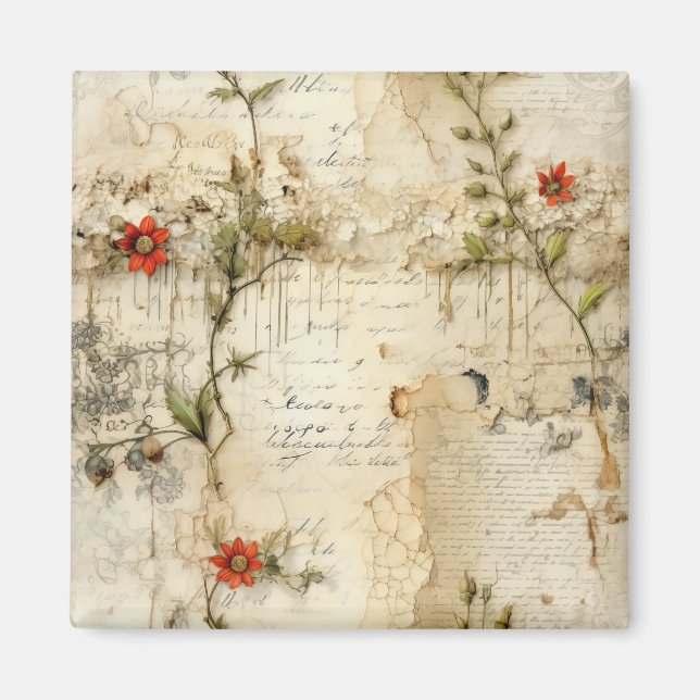 Aimant Lettre vintage d'amour parchemin avec fleurs (6) (Devant)