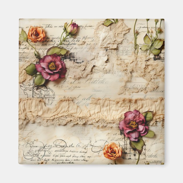 Aimant Lettre vintage d'amour parchemin avec fleurs (8) (Devant)