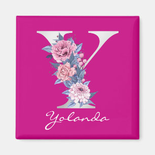 Aimant Lettre Y Magenta Floral Blanc Monogramme métalliqu