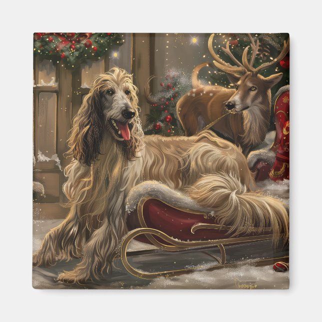 Aimant Lévrier Afghan Noël Fêtard (Devant)
