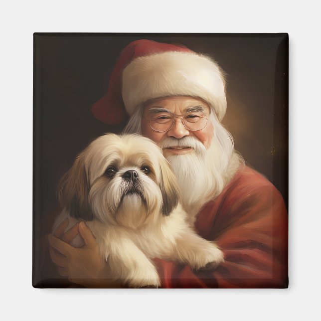Aimant Lhasa Apso Avec Noël Festif Du Père Noël (Devant)