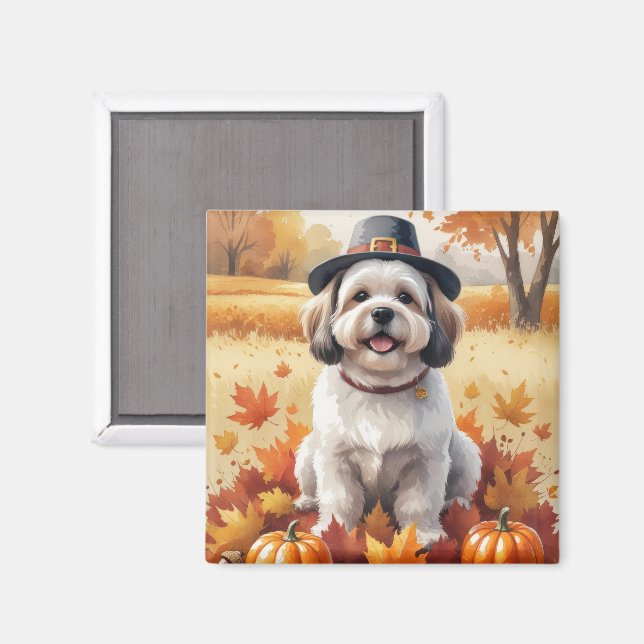 Aimant Lhasa Apso Dans l'Art de Thanksgiving aux Feuilles (Recto/Verso)