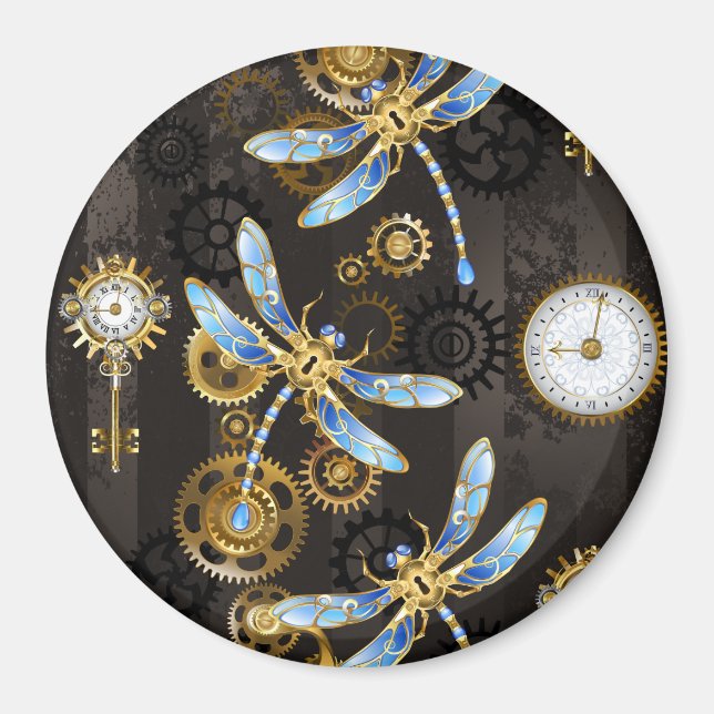 Aimant Libellules Steampunk sur fond rayé marron (Devant)