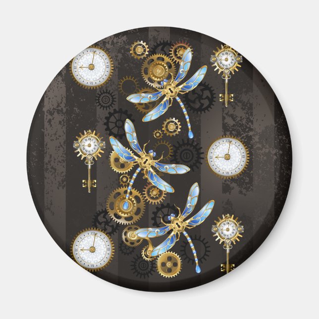 Aimant Libellules Steampunk sur fond rayé marron (Devant)