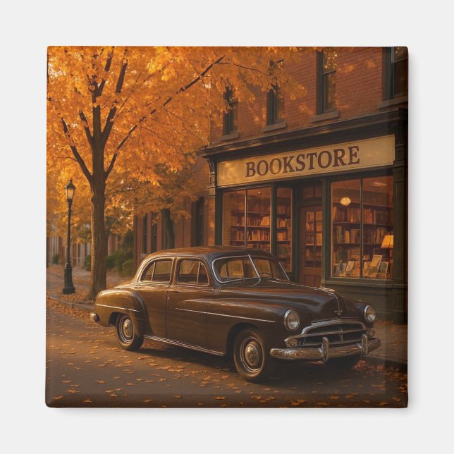 Aimant Librairie Automne/Automne vintage et voiture (Devant)