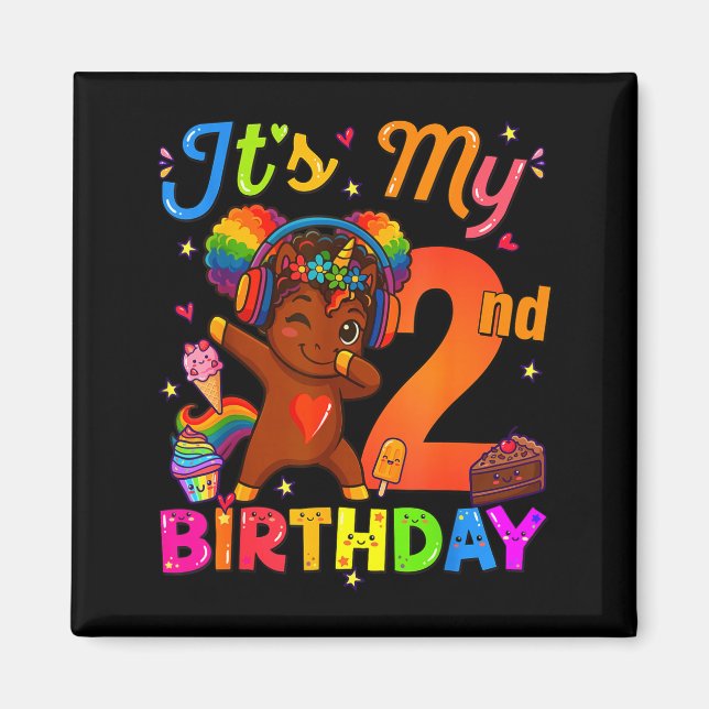 Aimant Licorne Afro 2e anniversaire fille cheveux naturel (Devant)