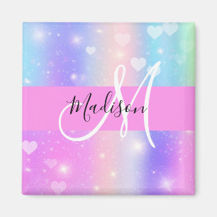 Aimant Licorne Arc-en-Ciel Cœurs Monogramme Coloré Fémini