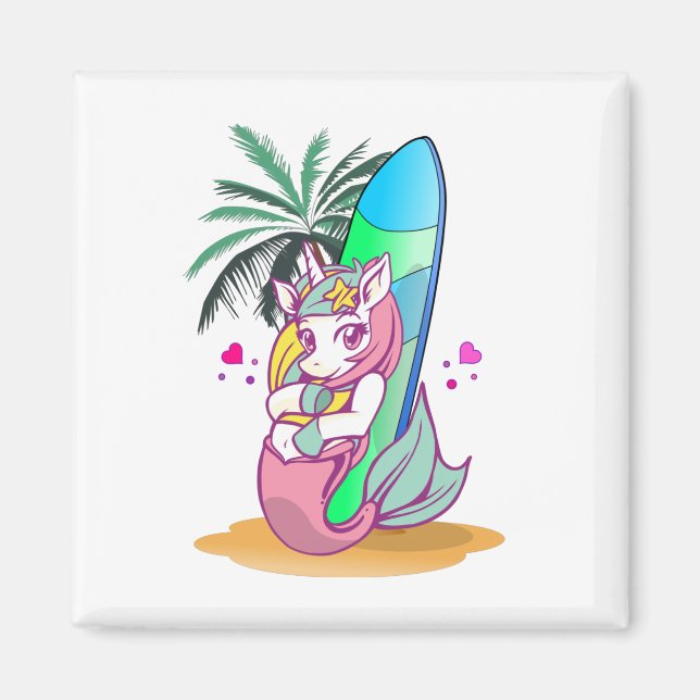 Aimant Licorne avec planche de surf sur la plage (Devant)
