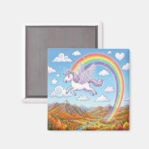 Aimant Licorne volante de dessin animé avec arc-en-ciel