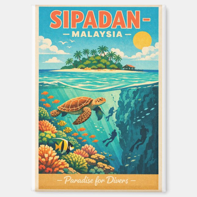 Aimant L'île de Sipadan, Malaisie, dans un style rétro tr (Recto)