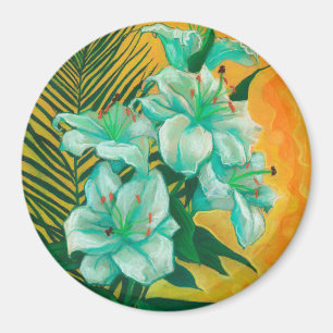 Aimant Lily Fleurs Feuille de palmier, peinture d'art flo