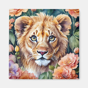 Aimant Lion Cub Floral Aquarelle Art