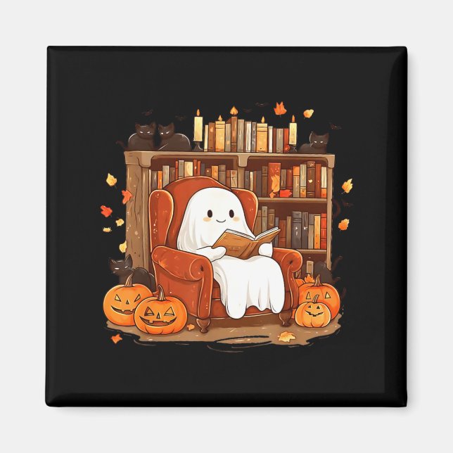 Aimant Livre de lecture fantôme avec chat noir Halloween  (Devant)
