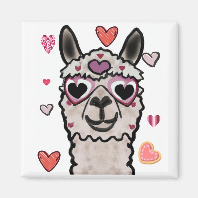 Aimant Llama cool avec lunettes de coeur (Devant)