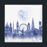 Aimant Londres Skyline - Aquarelle bleue<br><div class="desc">London Skyline Watercolor Splash Blue par Fab Funky. Il présente des sites célèbres de Londres dans un style aquarelle.</div>