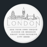 Aimant Londres Skyline | Message de ville personnalisé ou<br><div class="desc">Un atout unique représentant la belle ville de Londres. Ce porte - clé présente une illustration stylisée de l'horizon unique de la ville avec son nom en dessous. Sous le nom de la ville se trouve un endroit pour votre slogan ou déclaration unique sur votre ville préférée.</div>