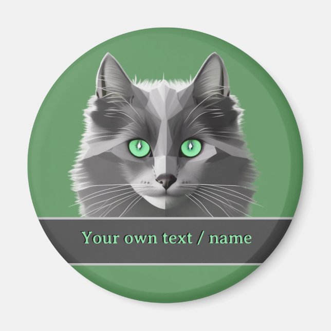 Aimant Long-haired Gray Kitty - Green-eyed Cat Face (Devant)
