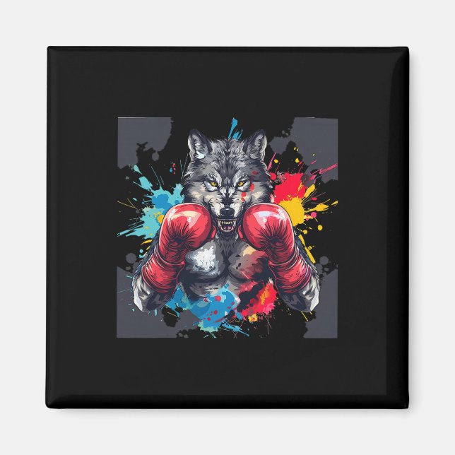 Aimant Loup de boxe avec gants de boxe Kickboxing Drôle B (Devant)