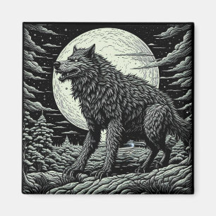 Aimant Loup-garou vintage devant la Pleine lune