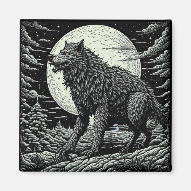 Aimant Loup-garou vintage devant la Pleine lune (Devant)