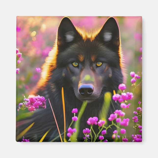 Aimant Loup noir dans des fleurs roses (Devant)