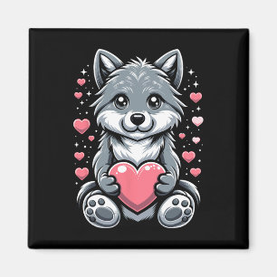 Aimant Loup tenant un cœur Saint-Valentin Jolies Loups Va