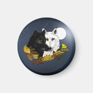 Aimant Loups Blancs Noirs Clair de Lune Feuilles d'Automn