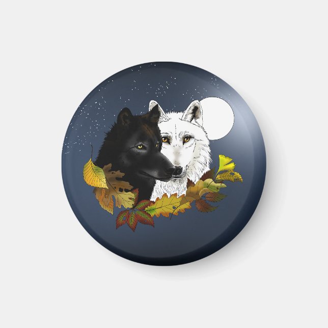 Aimant Loups Blancs Noirs Clair de Lune Feuilles d'Automn (Devant)