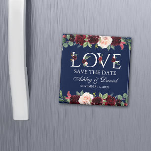 Aimant Love Blue Burgundy Aquarelle Floral Sauvez La Date