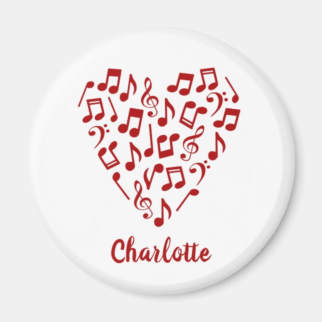Aimant Love Music Heart of Red Music Notes avec nom (Devant)