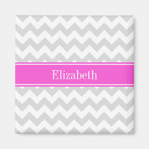 Aimant Lt Grey Blanc Chevron Hot Pink Nom Monogramme