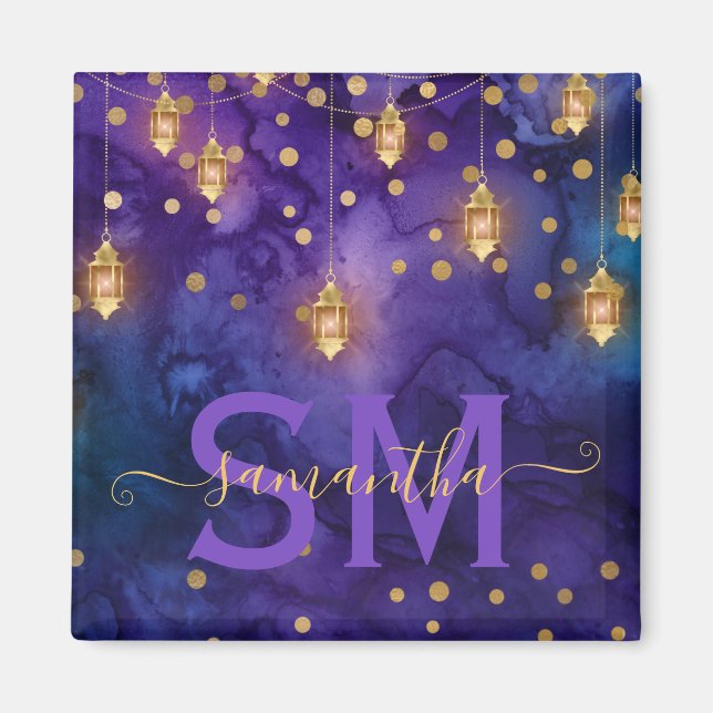 Aimant Lueur de lanterne violette et bleue à monogramme (Devant)