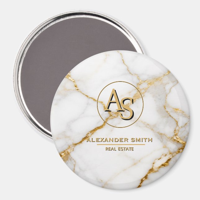 Aimant Luxury White Marble Gold Monogram Real Estate  (Recto/Verso)