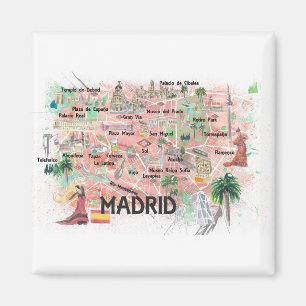 Aimant Madrid Espagne - Carte illustrée avec les princip