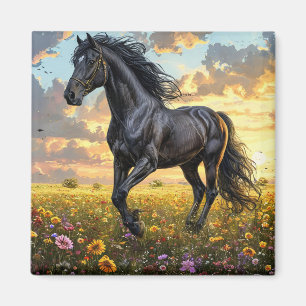 Aimant Magnifique cheval noir galopant à travers un F vib