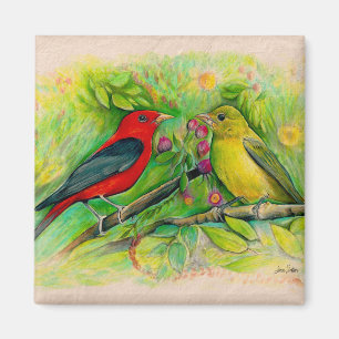 Aimant Magnifique Scarlet Tanagers Aquarelle Peinture