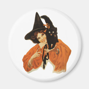 Aimant Magnifique sorcière vintage avec chat noir sur l'é
