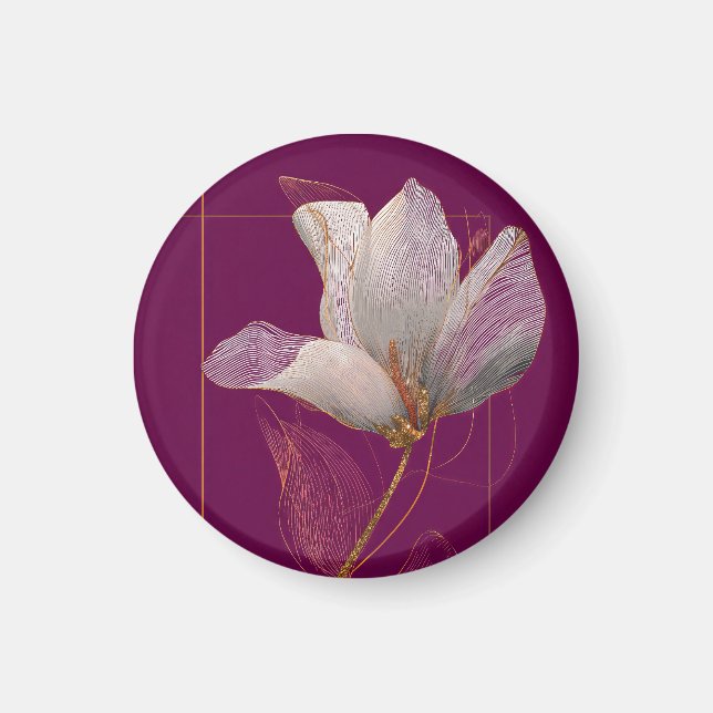Aimant Magnolia blanche ligne dorée magenta (Devant)