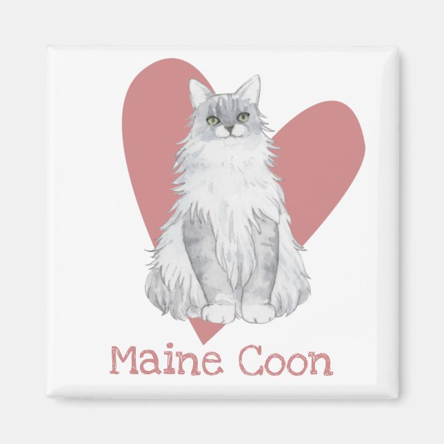 Aimant Maine Coon Chat Aquarelle Kitty Coeur rose (Devant)