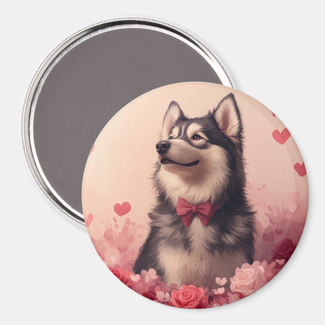Aimant Malamute d'Alaska avec des roses - Saint-Valentin  (Recto/Verso)
