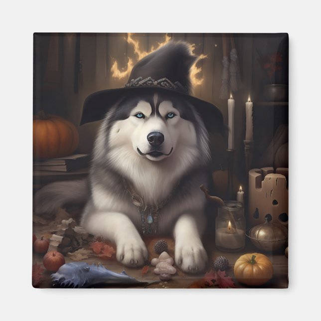 Aimant Malamute d'Alaska Citrouilles Halloween Épouvantab (Devant)