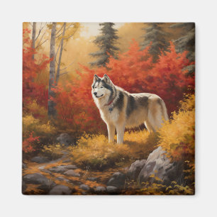 Aimant Malamute en Alaska à l'automne Feuilles automne in