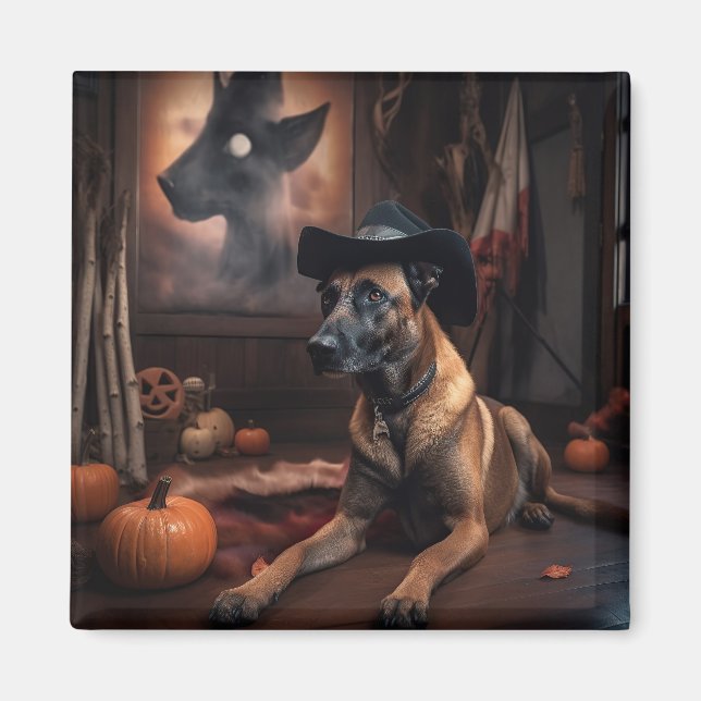 Aimant Malinois Belge Citrouilles Halloween Épouvantable (Devant)