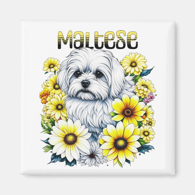 Aimant Maltais Petite : Gris de chien blanc en fleurs jau (Devant)