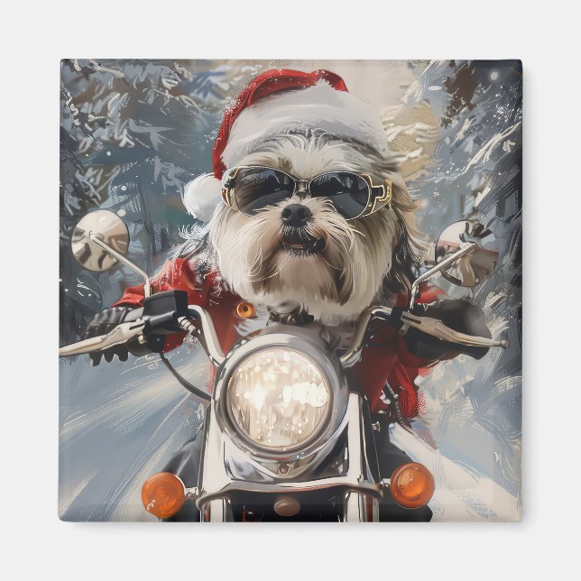 Aimant Malti Tzu Chien équitation Moto Noël (Devant)