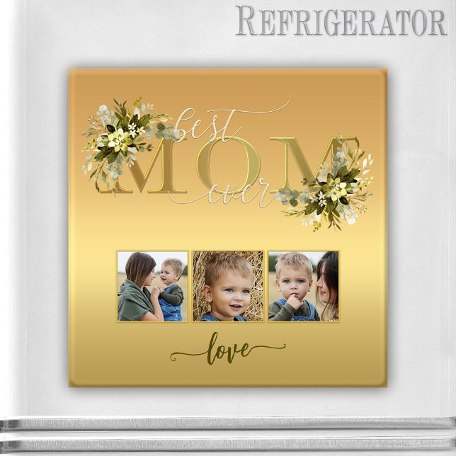 Aimant Maman Collage Photo Floral Aquarelle (Gold magnet with 3 custom photos, script text and watercolor flowers for Mom or Mother's Day)