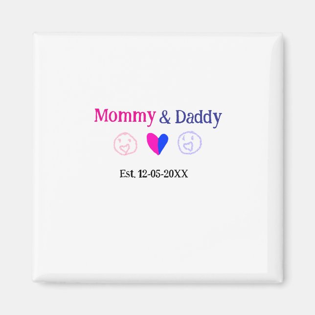 Aimant Maman & Papa nouveaux parents ajouter nom date cœu (Devant)